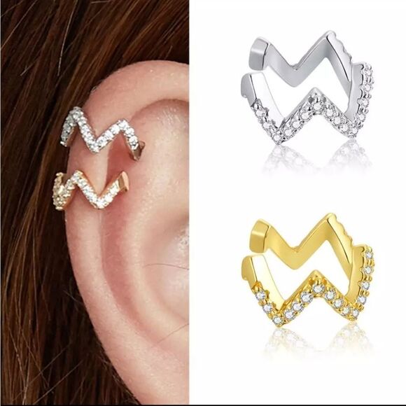 925 Sterling Silver Gold CZ Zigzag Ear Cuff - Picture 2 of 8